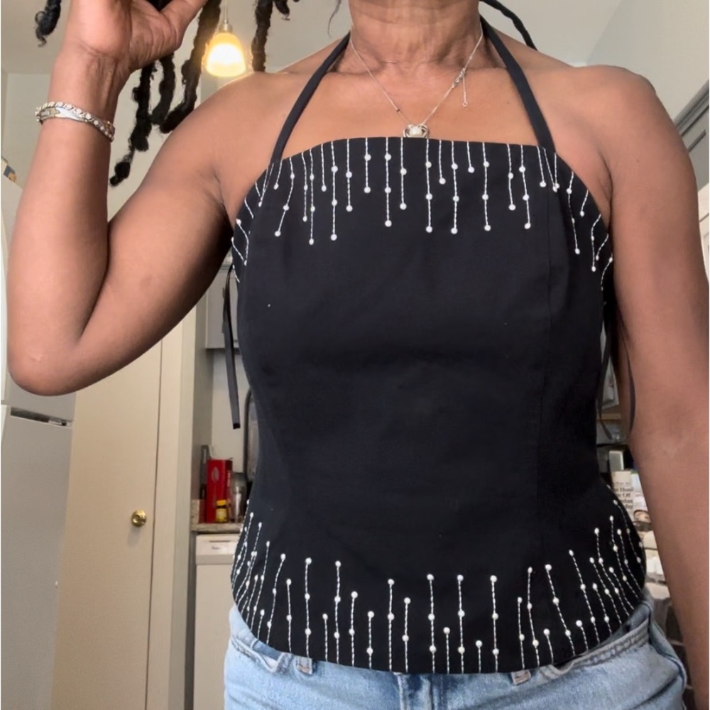 ST. JOHN Pearl drip full zip bandeau Coquette tie-back neck - Picture 2 of 14